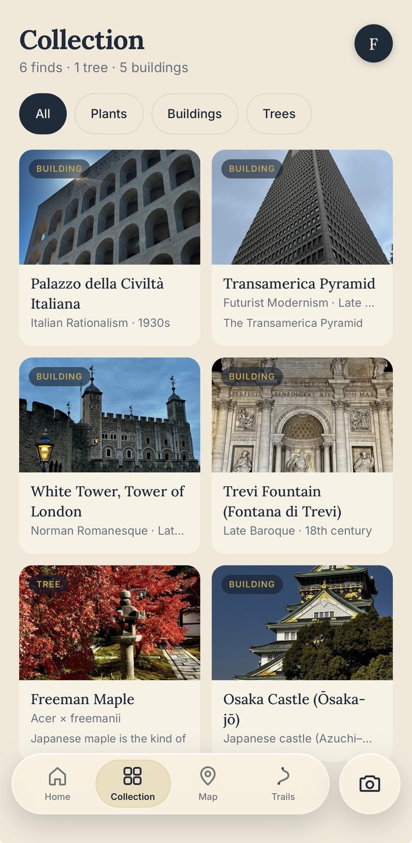 Flâneur collection screen with finds from Rome, London, San Francisco and Osaka